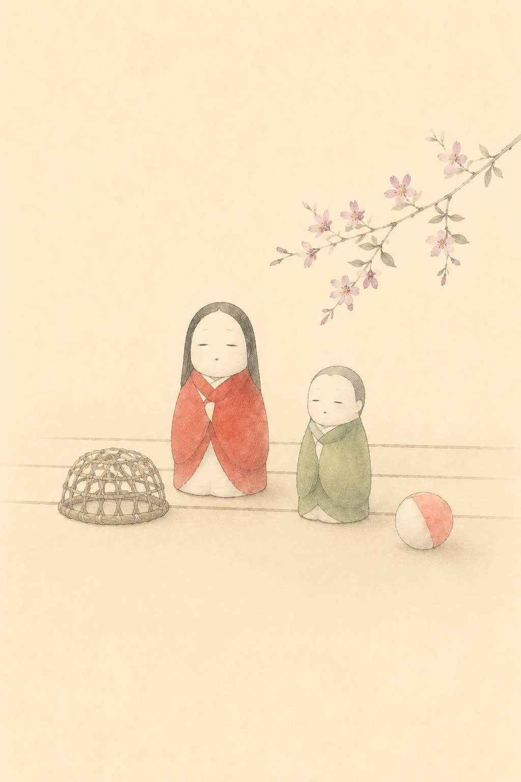 子守 縁先の土人形と手鞠