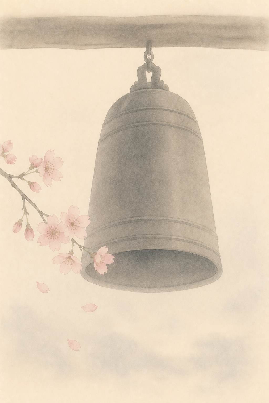 鐘桜黄昏姿 黄昏の梵鐘と桜